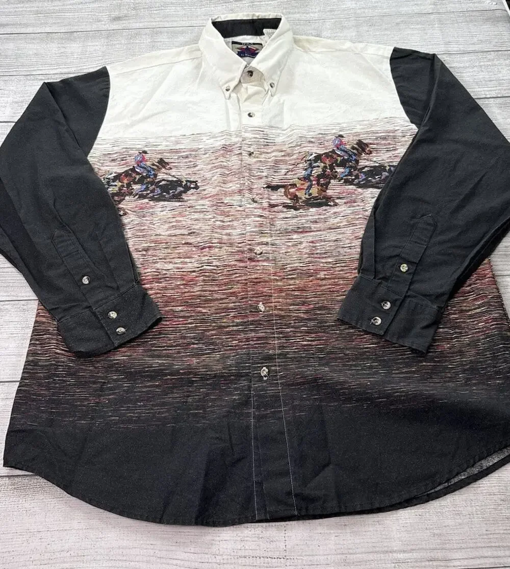 IPRA Vintage Western Shirt Button Down Calf Roping Wrap Around Print Size XL